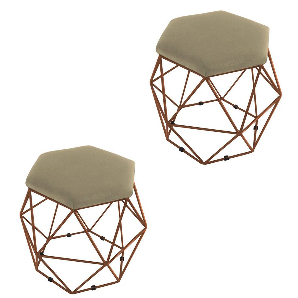 Kit 02 Puffs Aramado Bronze Assento Hexagonal Suede Nude - DS Estofados