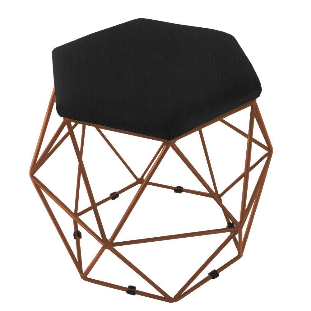 Puff Aramado Bronze Assento Hexagonal Corino Preto - DS Móveis