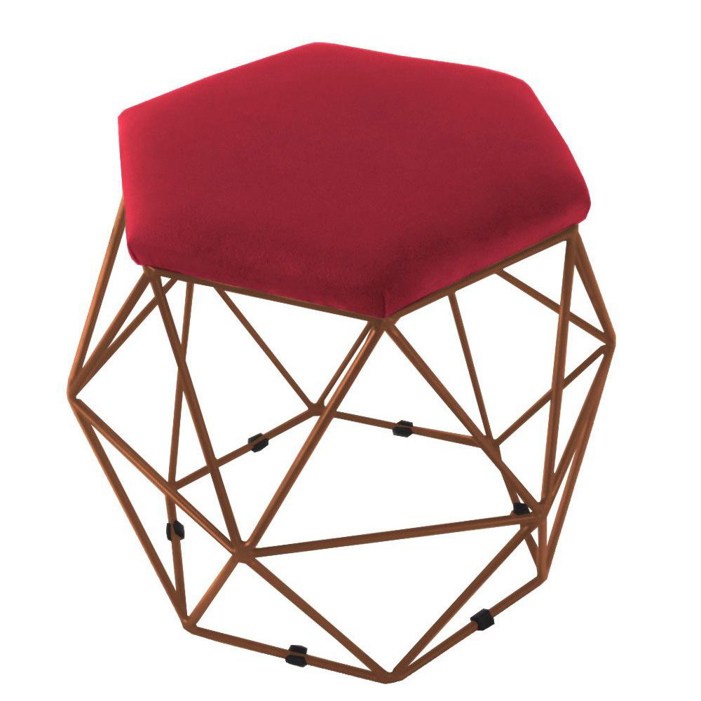 Puff Aramado Bronze Assento Hexagonal Suede Vermelho - DS Móveis