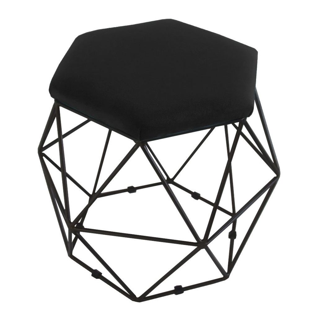 Puff Aramado Preto Assento Hexagonal Suede Preto - DS Móveis