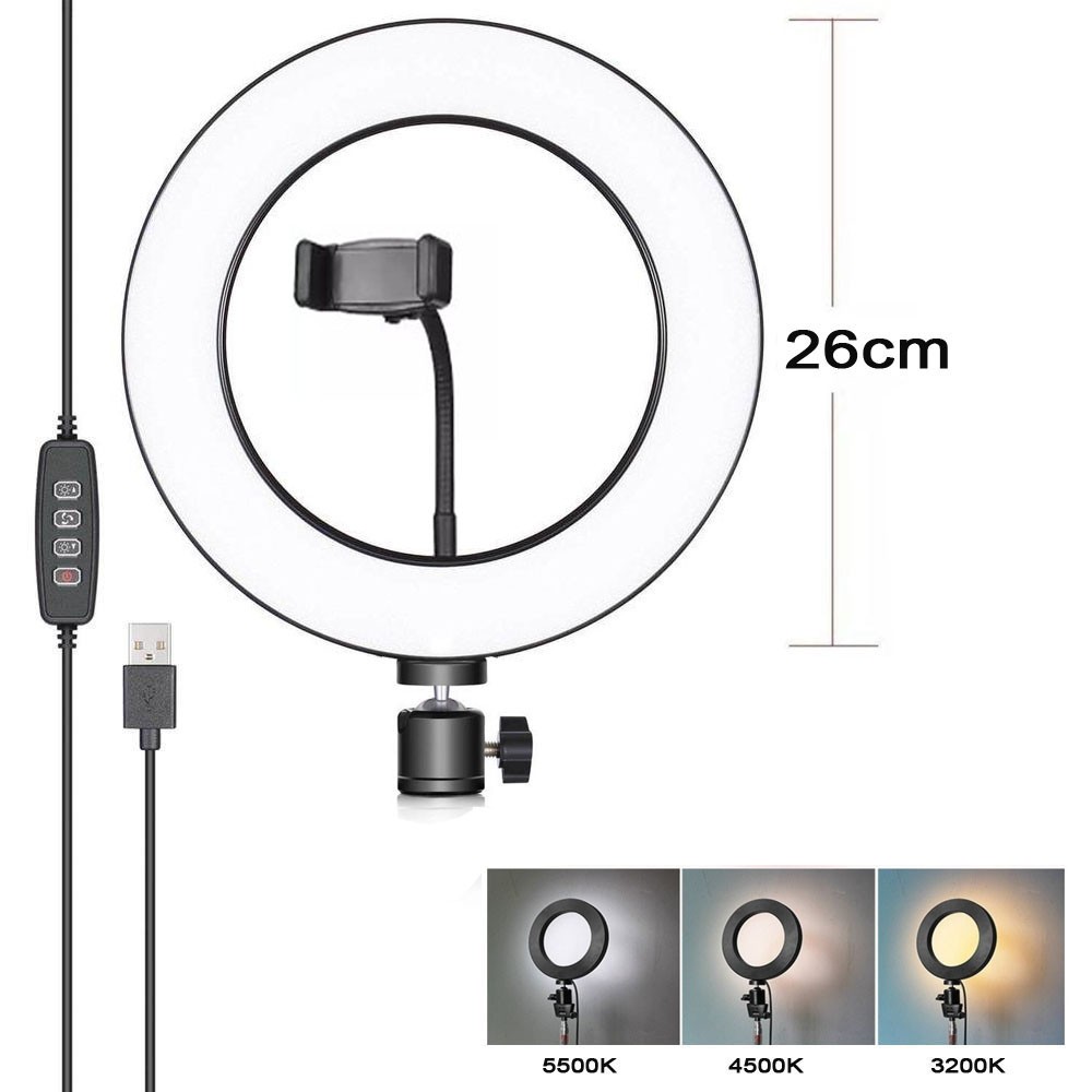 Iluminador Ring Led RL10 USB com Garra ST14 - 26cm - Controle Cor Luminosidade  - Diafilme Materiais Fotográficos