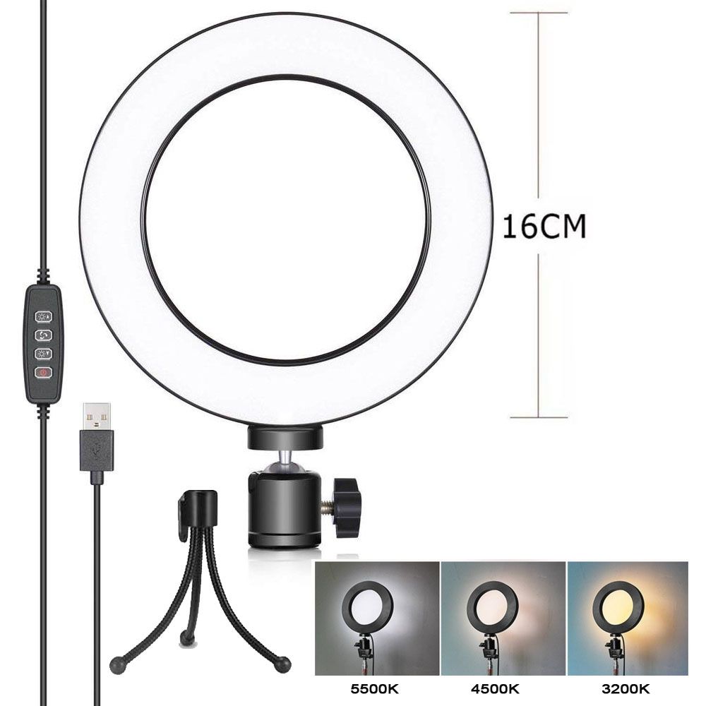 Iluminador Ring Light Led USB com Tripé - 16cm - Controle Cor Luminosidade - Diafilme Materiais Fotográficos