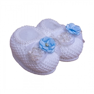 Kit Sapatinho com faixa,  pérola e flor azul bebe