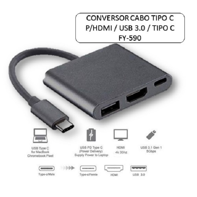 Adaptador Multiporta Digital Tipo C para HDMI E USB 3.