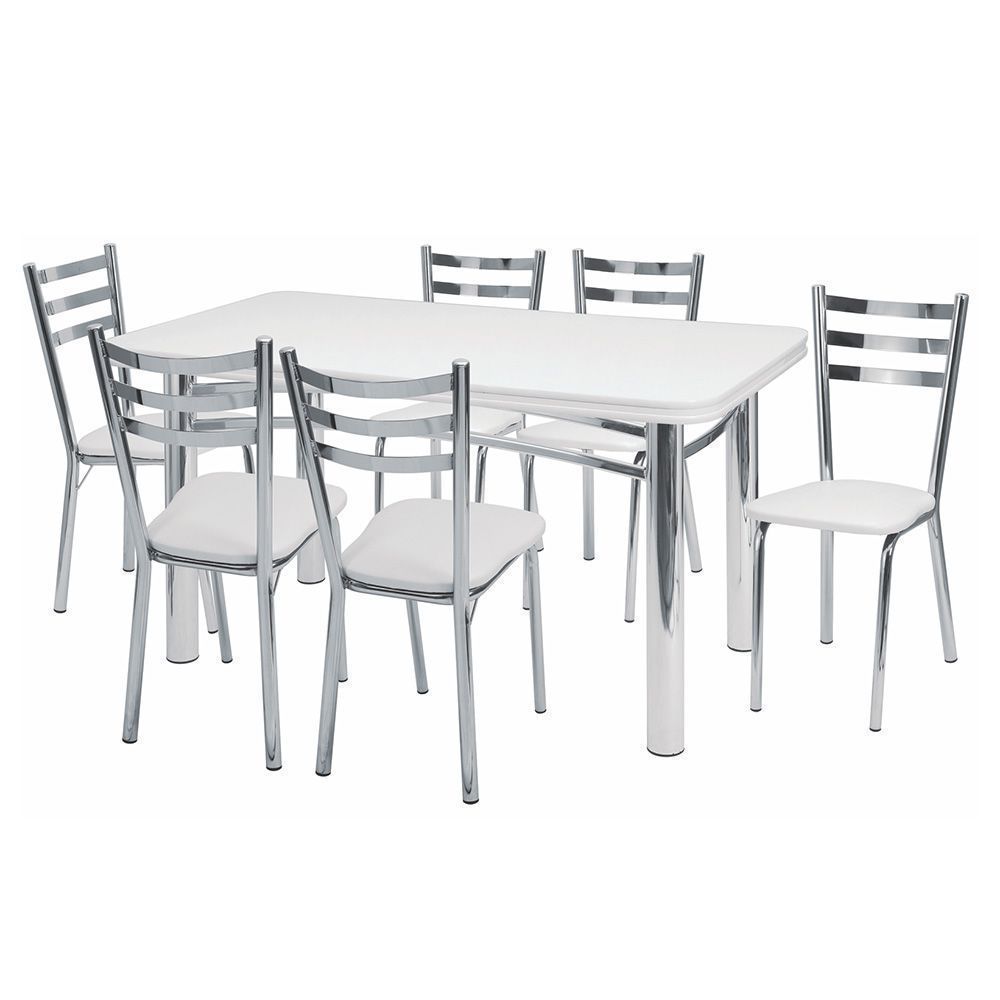 Conjunto de Mesa Adriana Branco e Cromado 6 Cadeiras - Criativa