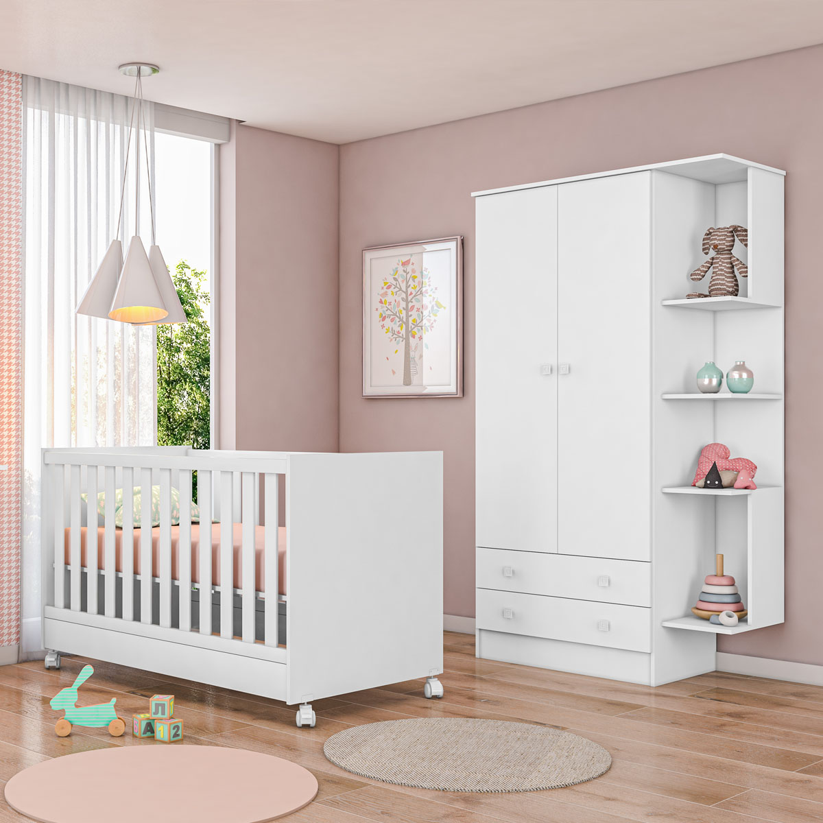 Conjunto Quarto Bebê Guarda-Roupa 2 Portas e Berço Multifuncional 2x1 Vira Cama Branco - Qmovi