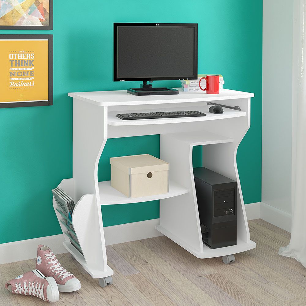 Escrivaninha/Mesa para Computador 160 Branco e Porta-Revista Lateral - Artely