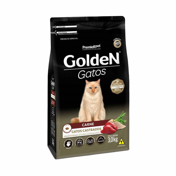 Ração Golden para Gatos Adultos Castrados Sabor Carne 3Kg