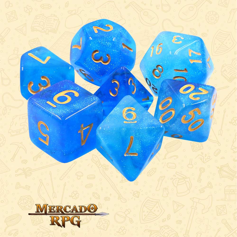 Dados de RPG - Conjunto com 7 Dados Aurora - Mermaid's Crown Golden Font Aurora Dice - Mercado RPG