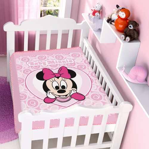 Cobertor Jolitex Infantil Berço Bebê Disney Minnie Coração Rosa