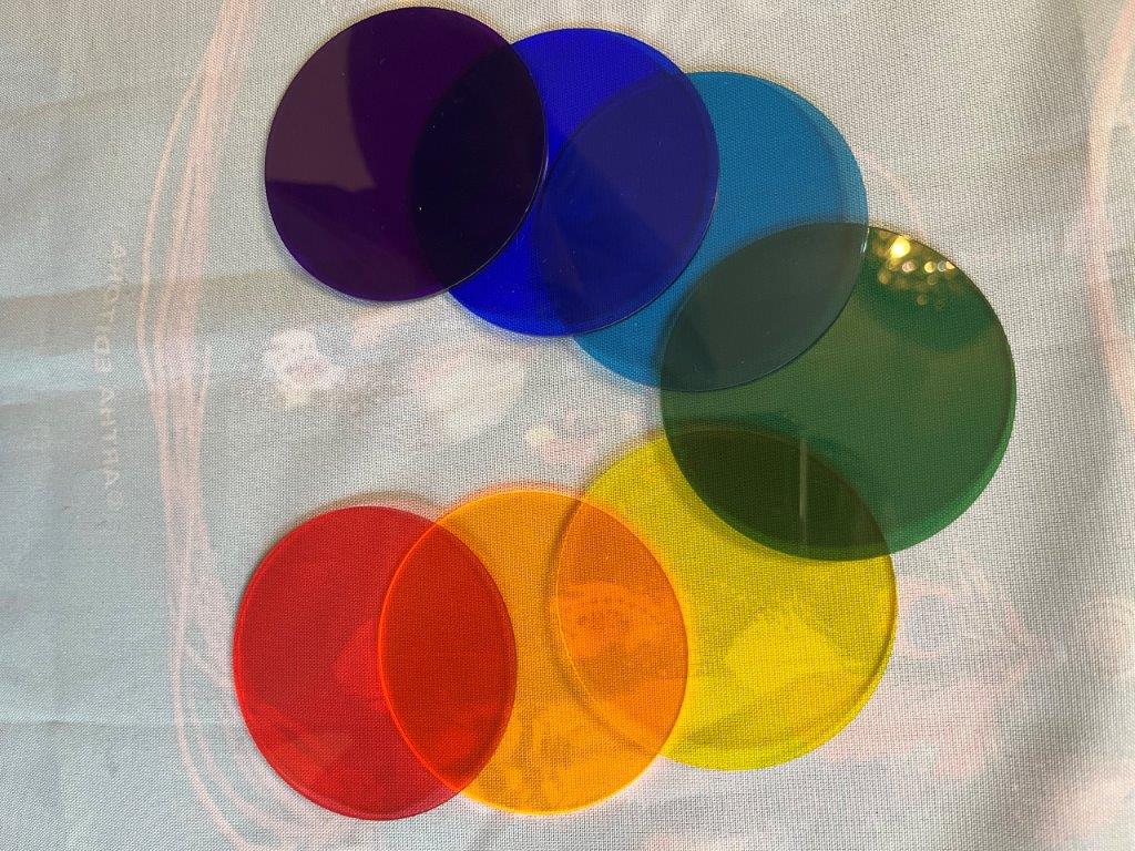 Discos de cromoterapia para radiestesia e radiônica em acrílico 7 cores
