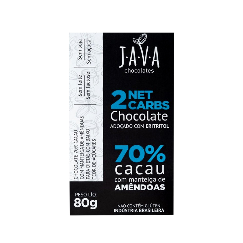 Combo Chocolate 70% Cacau com Eritritol 2 Net Carbs Java (3 unidades 80g cada)  - TLC Tudo Low Carb