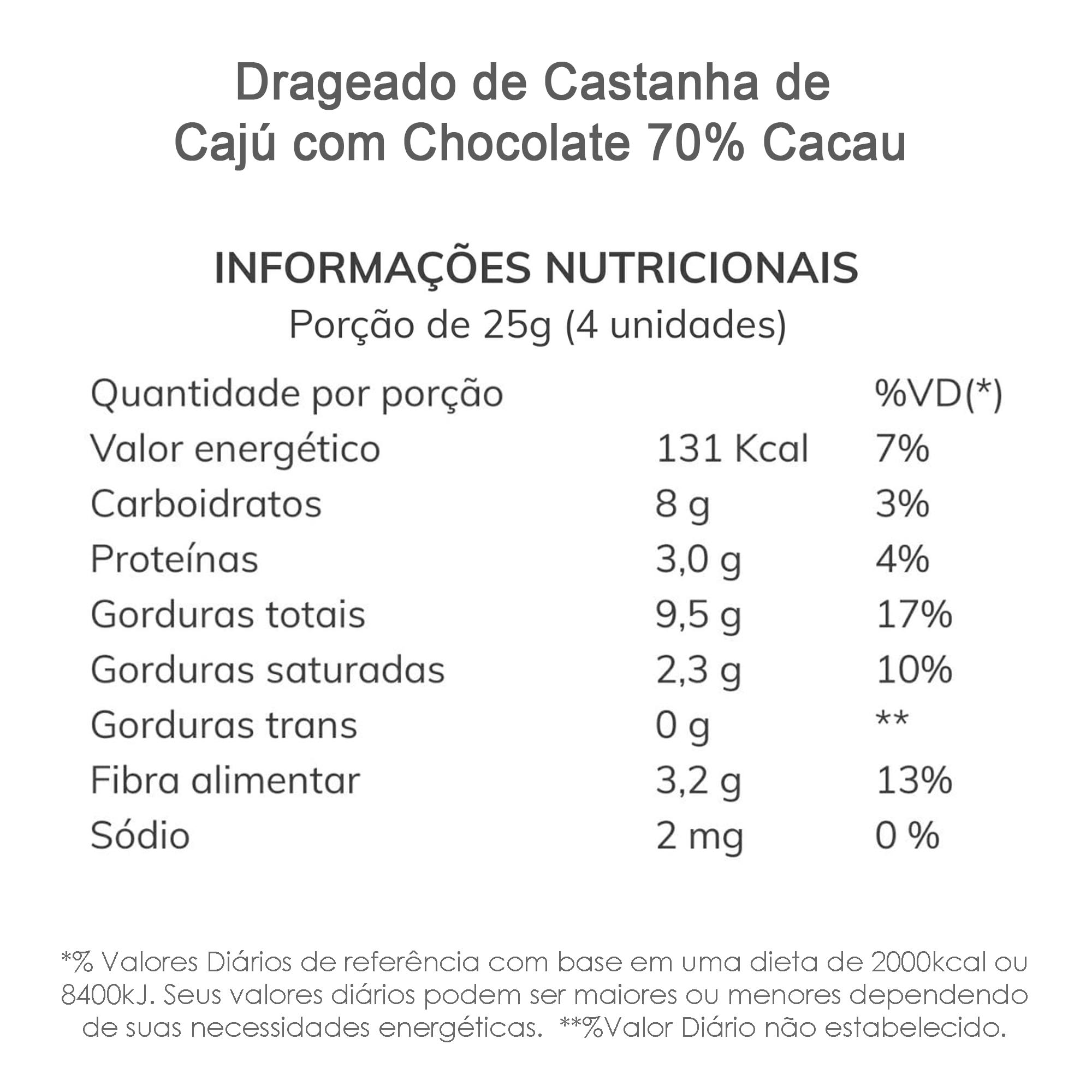 Drageado Castanha de Cajú com Chocolate 70% Cacau 100g  - TLC Tudo Low Carb