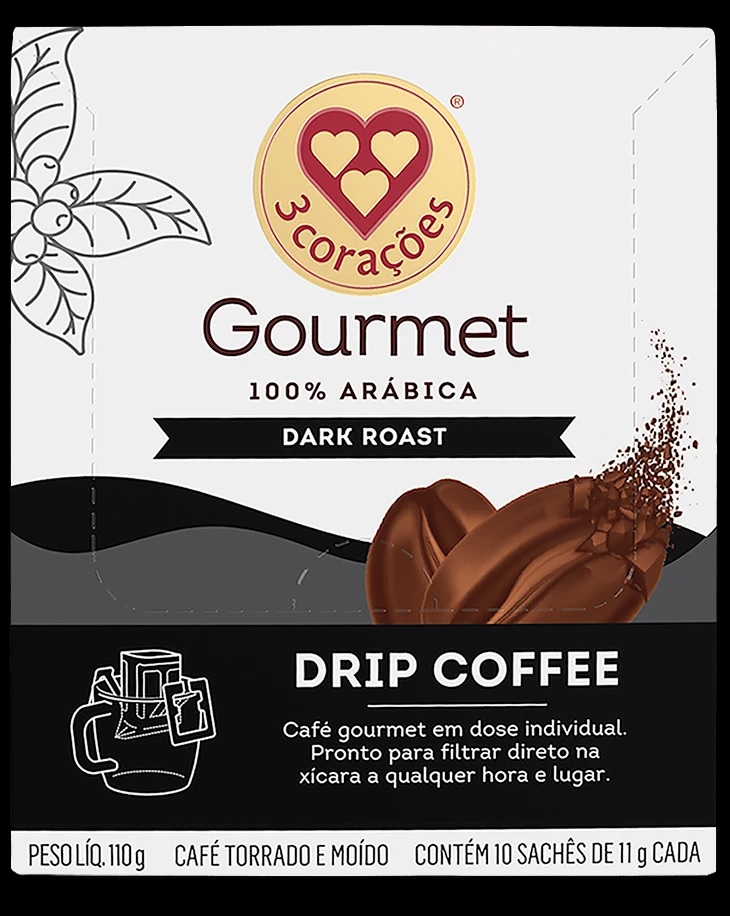 CAFÉ DRIP COFFEE DARK ROAST TRÊS CORACÕES SACHÊ 11G 10UN