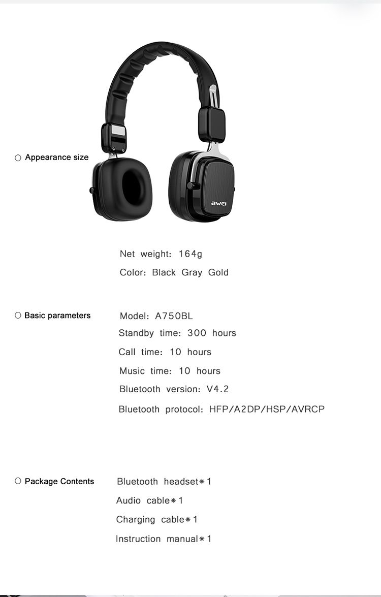 A750BL Awei - Fone de Ouvido dobrável com Bluetooth e Microfone