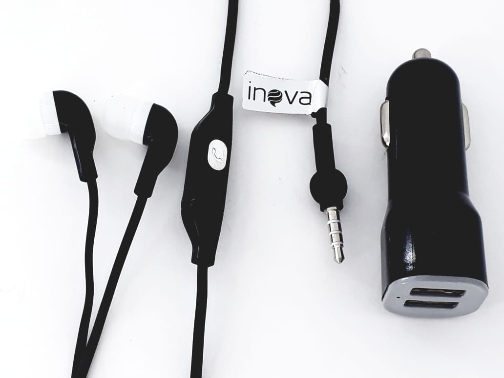 Kit com 2 peças Fone de ouvido preto e carregador veicular Inova
