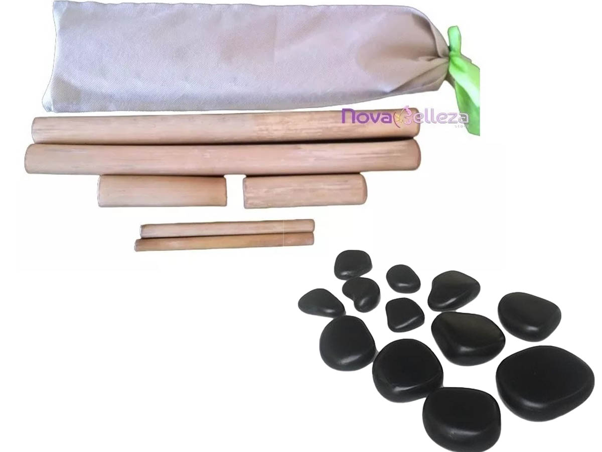 Kit de Pedras Quentes para Massagem e Bambus