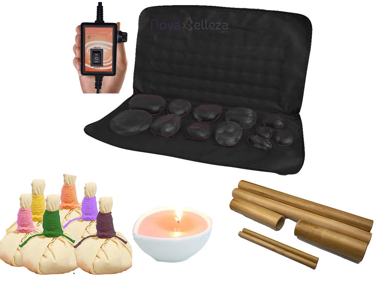 Kit Massagens Com Pedras Quentes Bambus Pindas E Vela