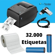 Kit Impressora de Etiquetas + 32.000 Etiquetas 34X23mm + 4 Fita Ribbon 110X74M Cera Preto.