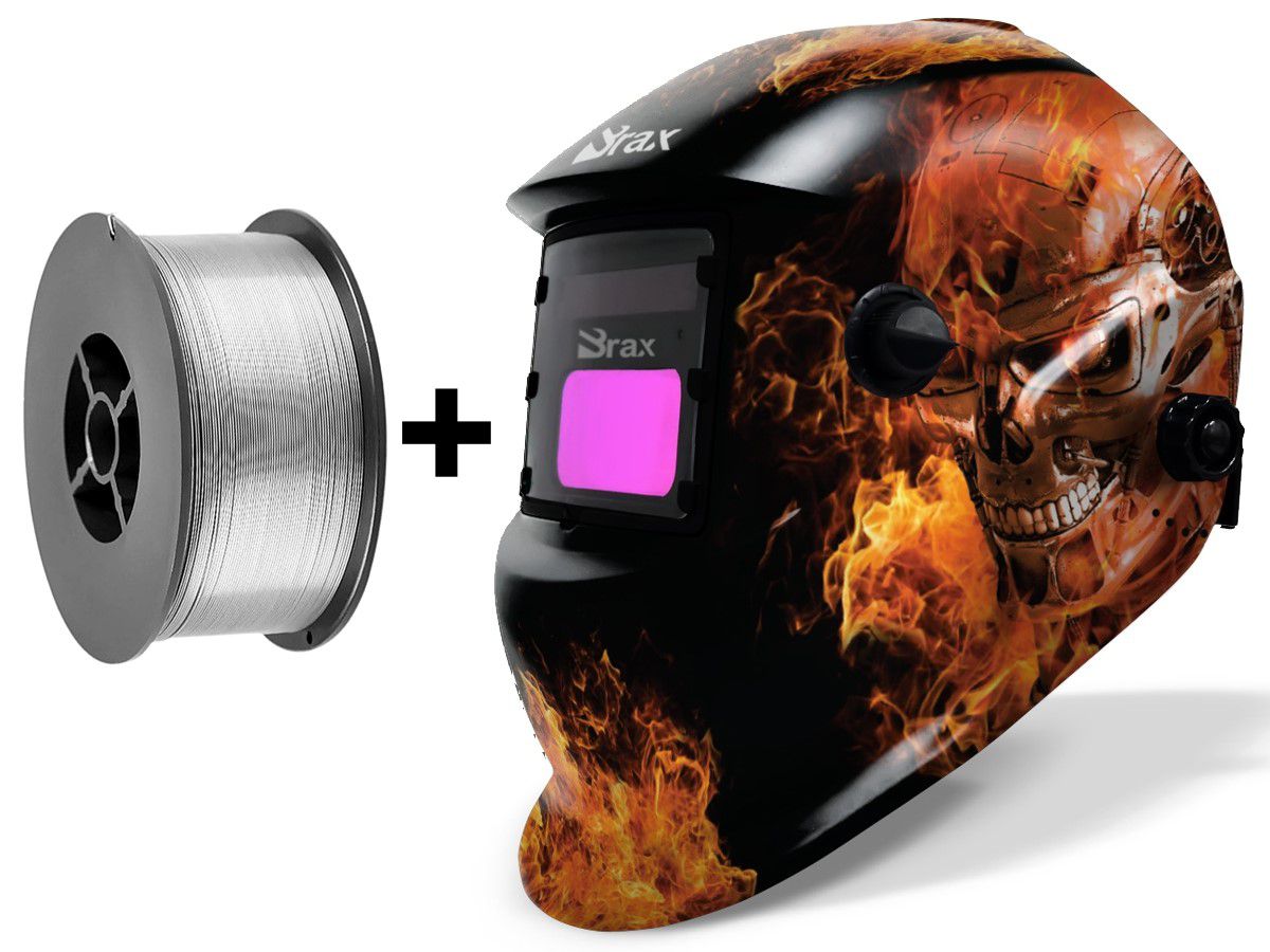 Kit 1 Máscara De Solda Automática Com Regulagem Customizada Exterminador Brax + 1 Arame Mig Sem Gás 0,9mm Rolo 1kg - Brax