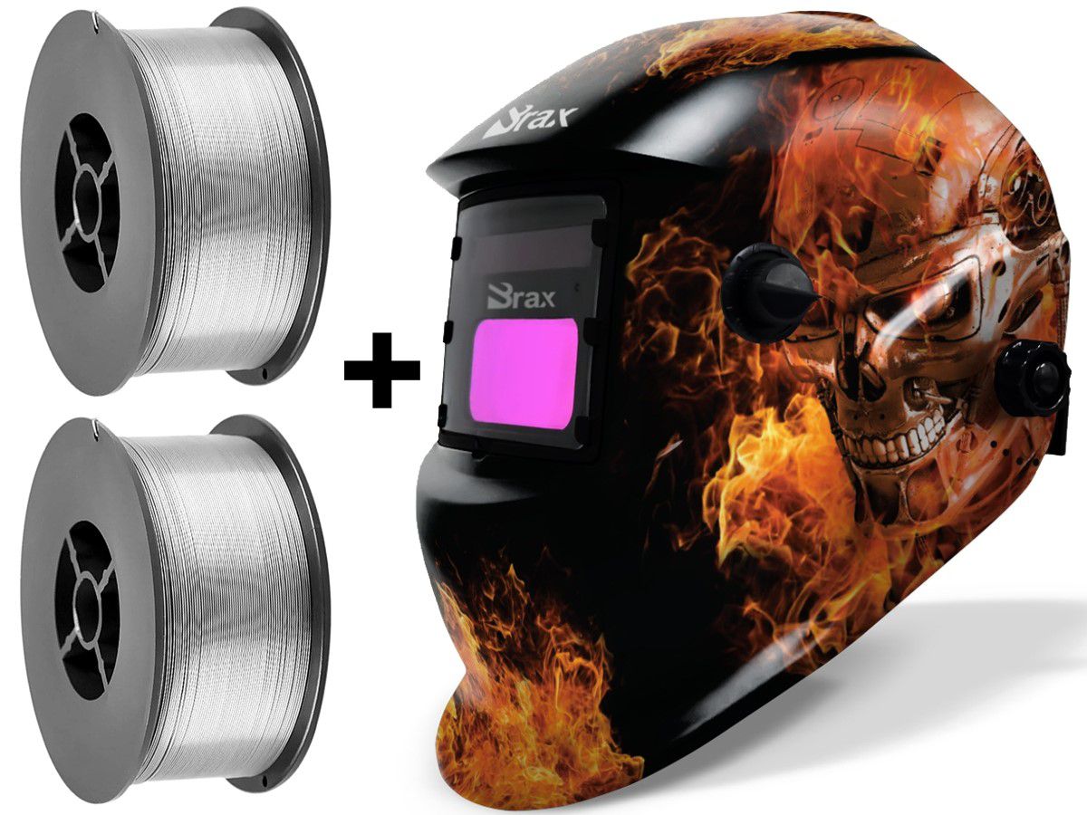Kit 1 Máscara De Solda Automática Com Regulagem Customizada Exterminador Brax + 2 Arames Mig Sem Gás 0,9mm Rolo 1kg Brax