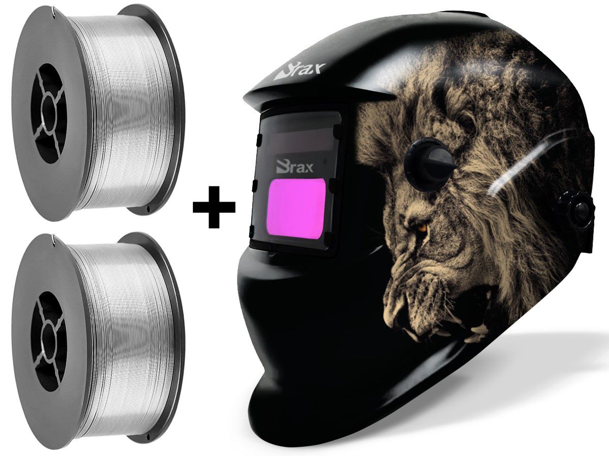 Kit 1 Máscara De Solda Automática Com Regulagem Customizada Leão Brax + 2 Arames Mig Sem Gás 0,8mm Rolo 1kg Brax