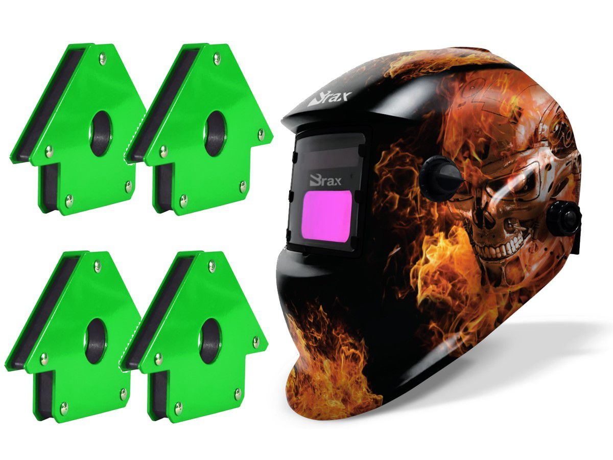 Kit 1 Máscara De Solda Automática Com Regulagem Customizada Exterminador Brax + 4 Esquadro Magnético Para Solda 25kg - Brax