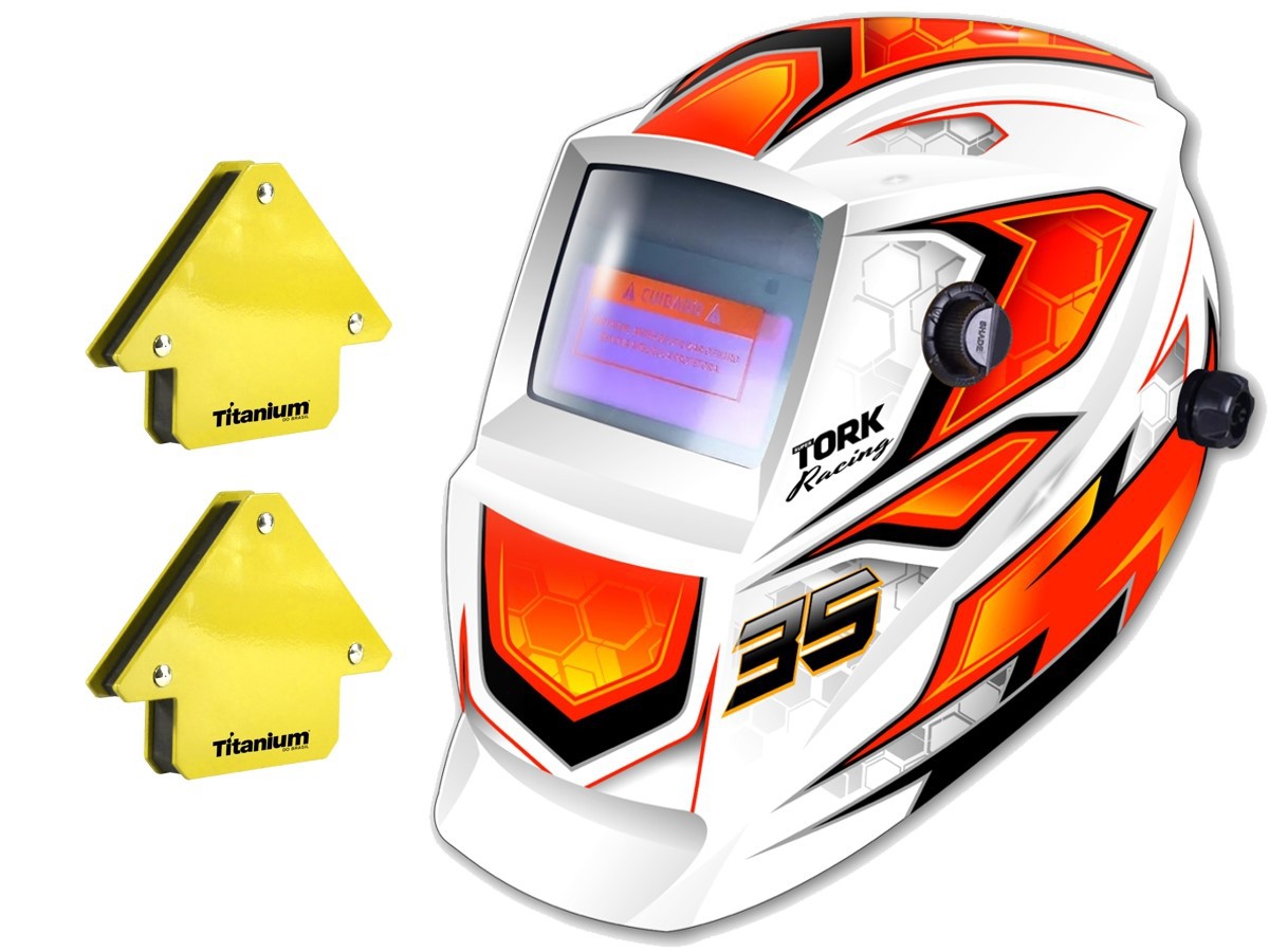 Kit Máscara De Solda Automática Com Regulagem Super Tork Racing 35 Tork + 2 Esquadro Magnético Para Solda 12kg Titanium