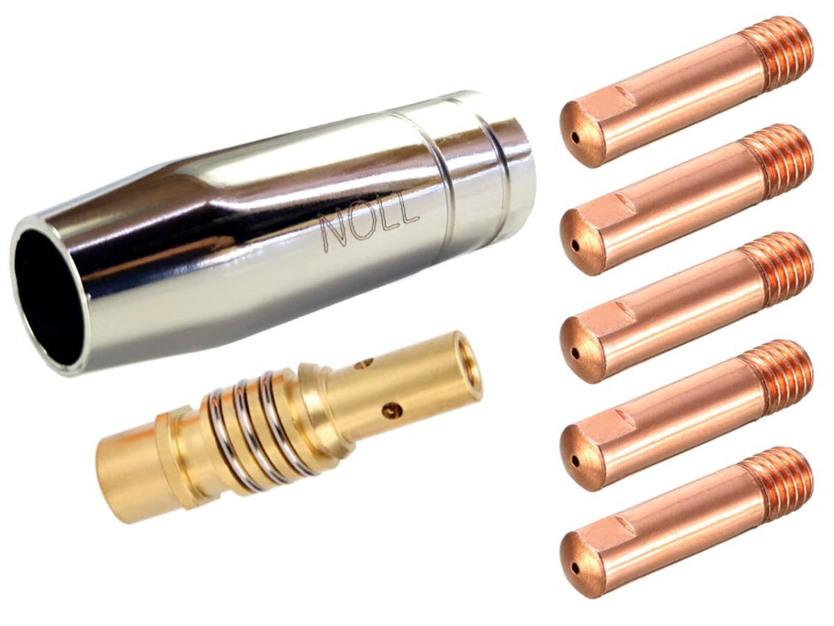 Kit Reposição para Tocha MIG 15ak: 1 Bocal 12mm Cromado NOLL + 1 Porta Bico / Difusor com Mola M6 NOLL + 5 Bicos de Contato 0,6mm MAQPOINT