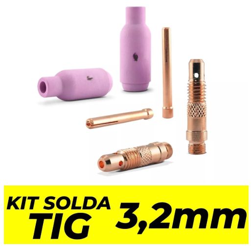 Kit TIG 3,2mm - 1 Bocal Cerâmico TIG Nº 7 / 1 Bocal Cerâmico TIG Nº 8 / 2 Porta Pinça (Difusor) / 2 Pinça