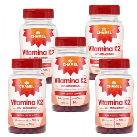 Vitamina K2 MK7 Menaquinona  -  5 Frascos de 60 cápsulas de 500 mg   Chamel