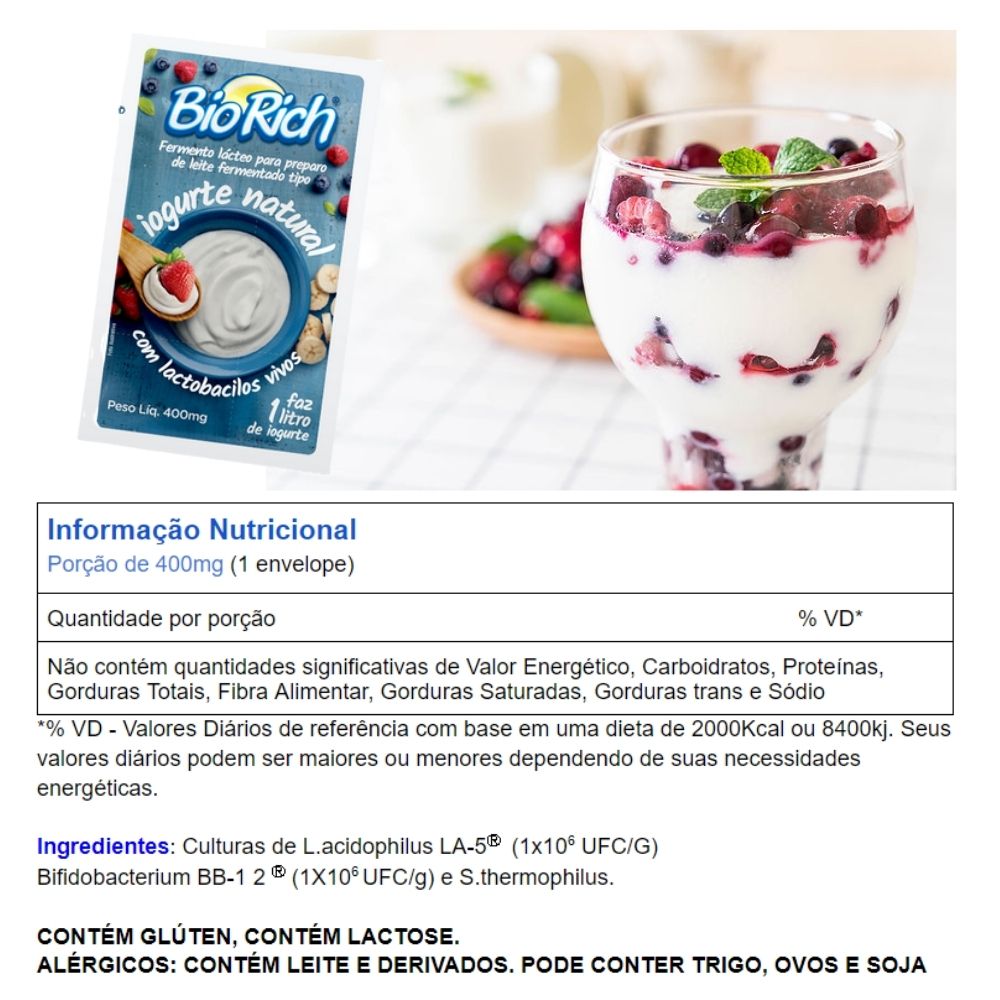 Bio Rich® Fermento Lácteo 2 Cartelas c/ 3 Sachês para fazer iogurte natural (total: 6 sachês)