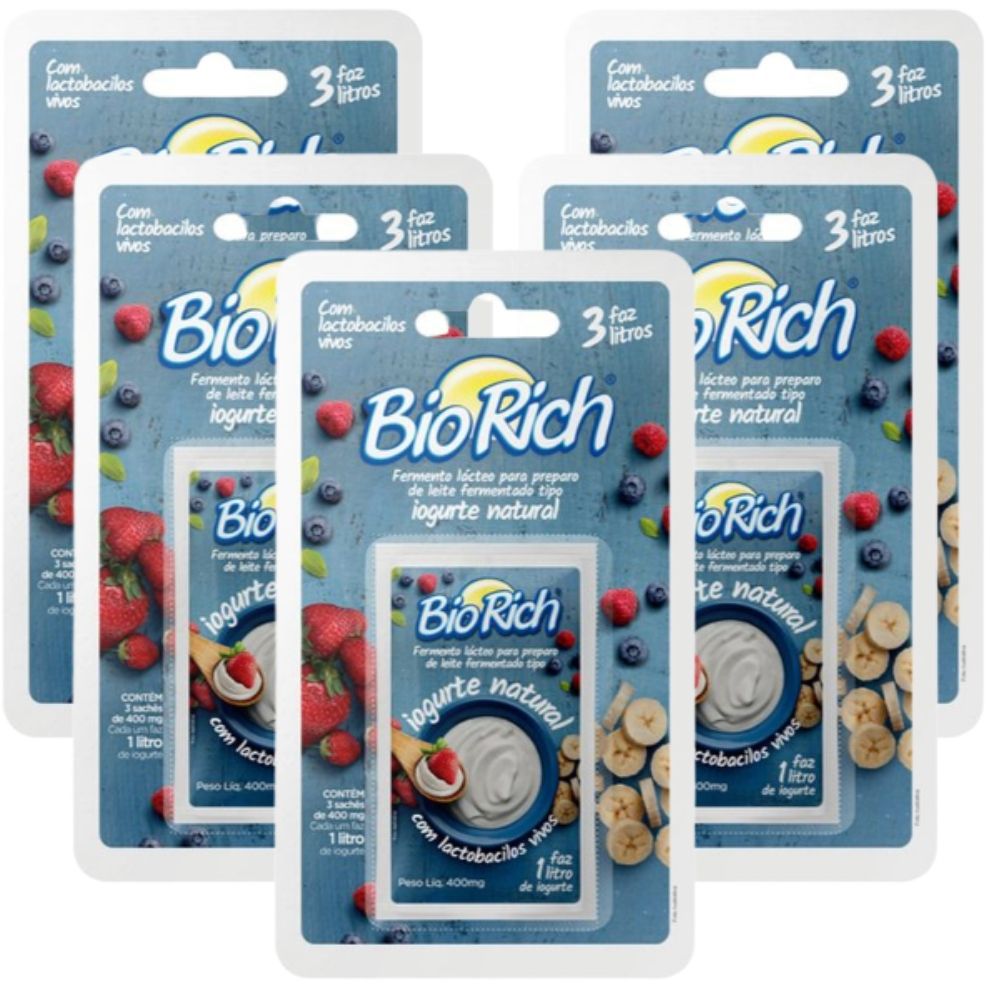 Bio Rich® Fermento Lácteo 5  Cartelas C/ 3 Sachês Para Fazer Iogurte Natural (total:15 Sachês)