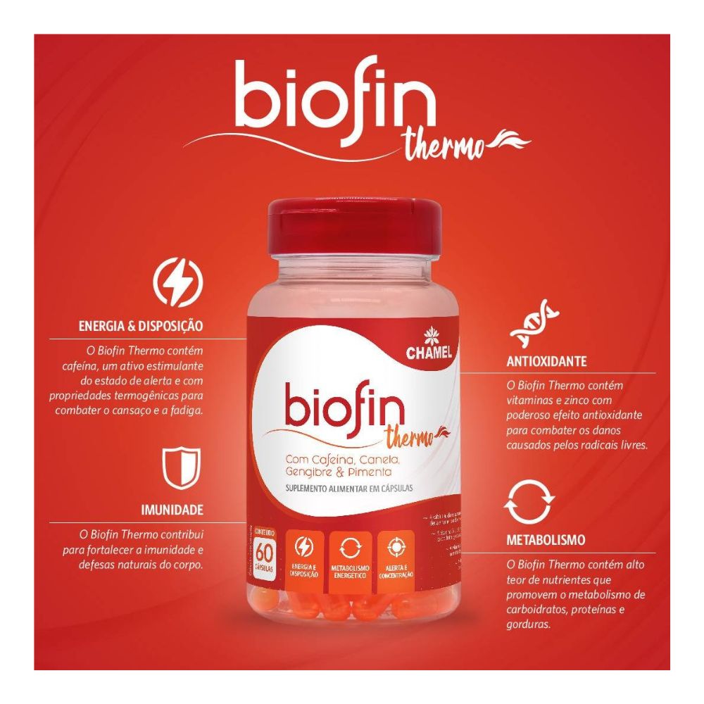 Biofin Thermo c/ Cafeína, Canela, Gengibre, Pimenta, Vit B6, Zinco - Chamel - 60 cápsulas