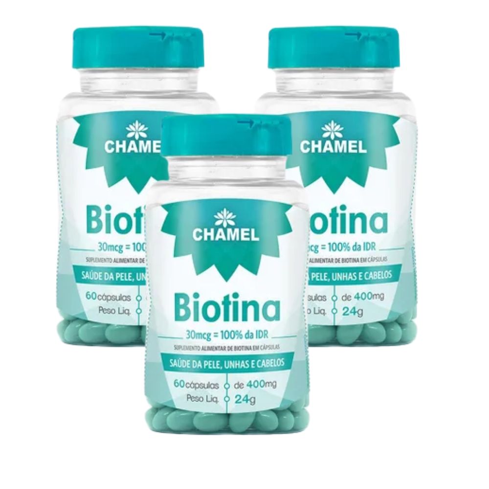 Biotina 30mcg      60 cápsulas de 400mg CHAMEL   3 Frascos