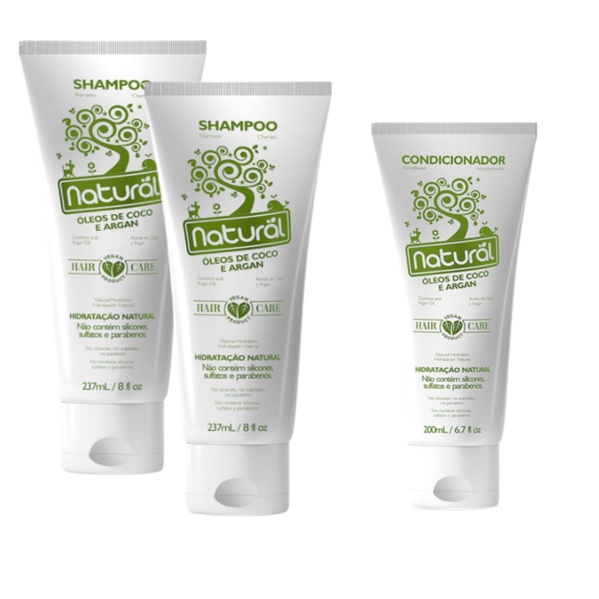 Kit  2 Shampoo + 1 Condicionador, com Óleos de Coco e Argan - Orgânico Natural