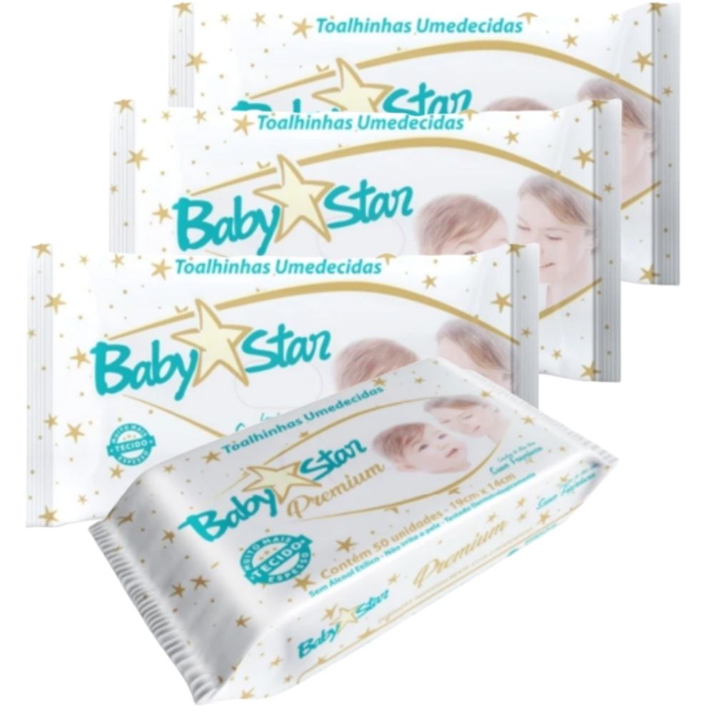Lenço Umedecido Baby Star Premium  4 Pacotes  c/ 50 unidades (Total: 200 lenços) Mais espessos e Livre de Álcool