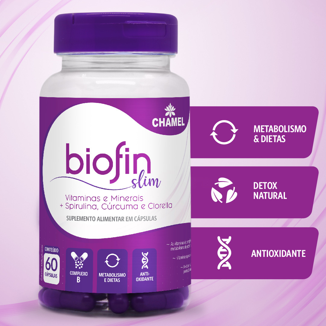 Vitaminas e Minerais + Spirulina, Cúrcuma e Clorella - Biofin Slim - Chamel 60 capsulas