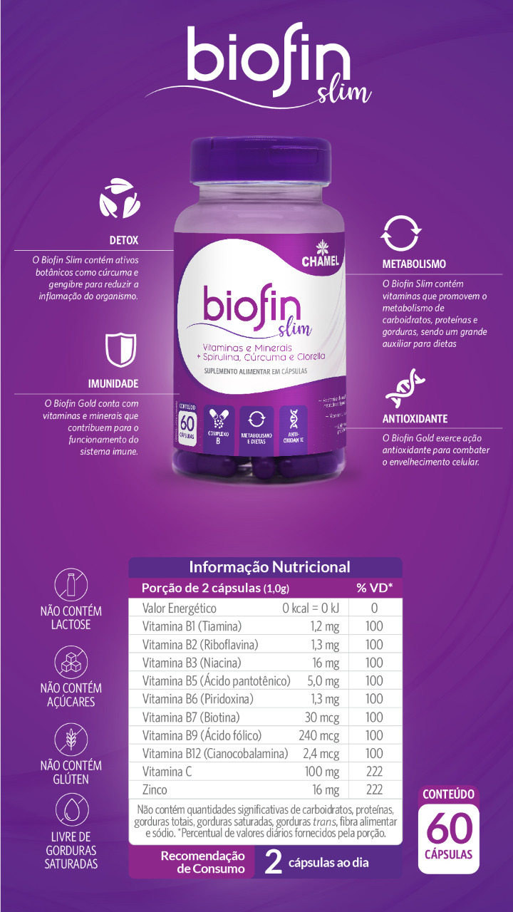 Vitaminas e Minerais + Spirulina, Cúrcuma e Clorella - Biofin Slim - Chamel 60 capsulas