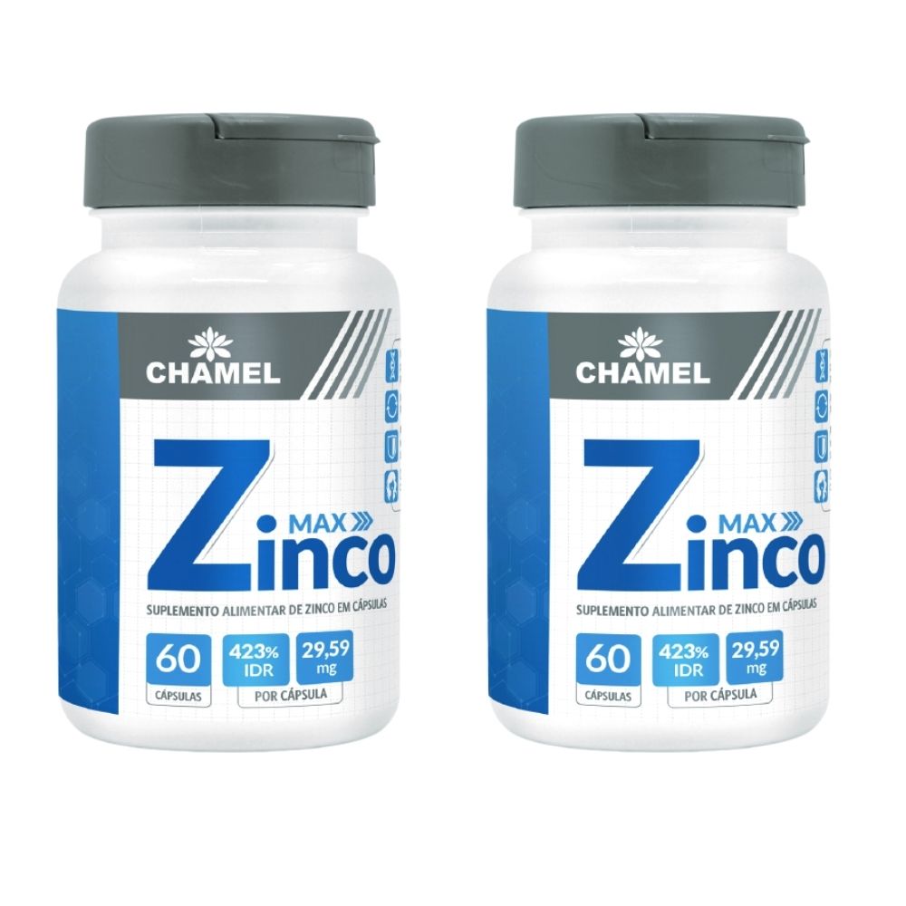 Zinco Max Chamel   2 frascos de 60 cápsulas (Alto Teor de zinco (29,59 mg)