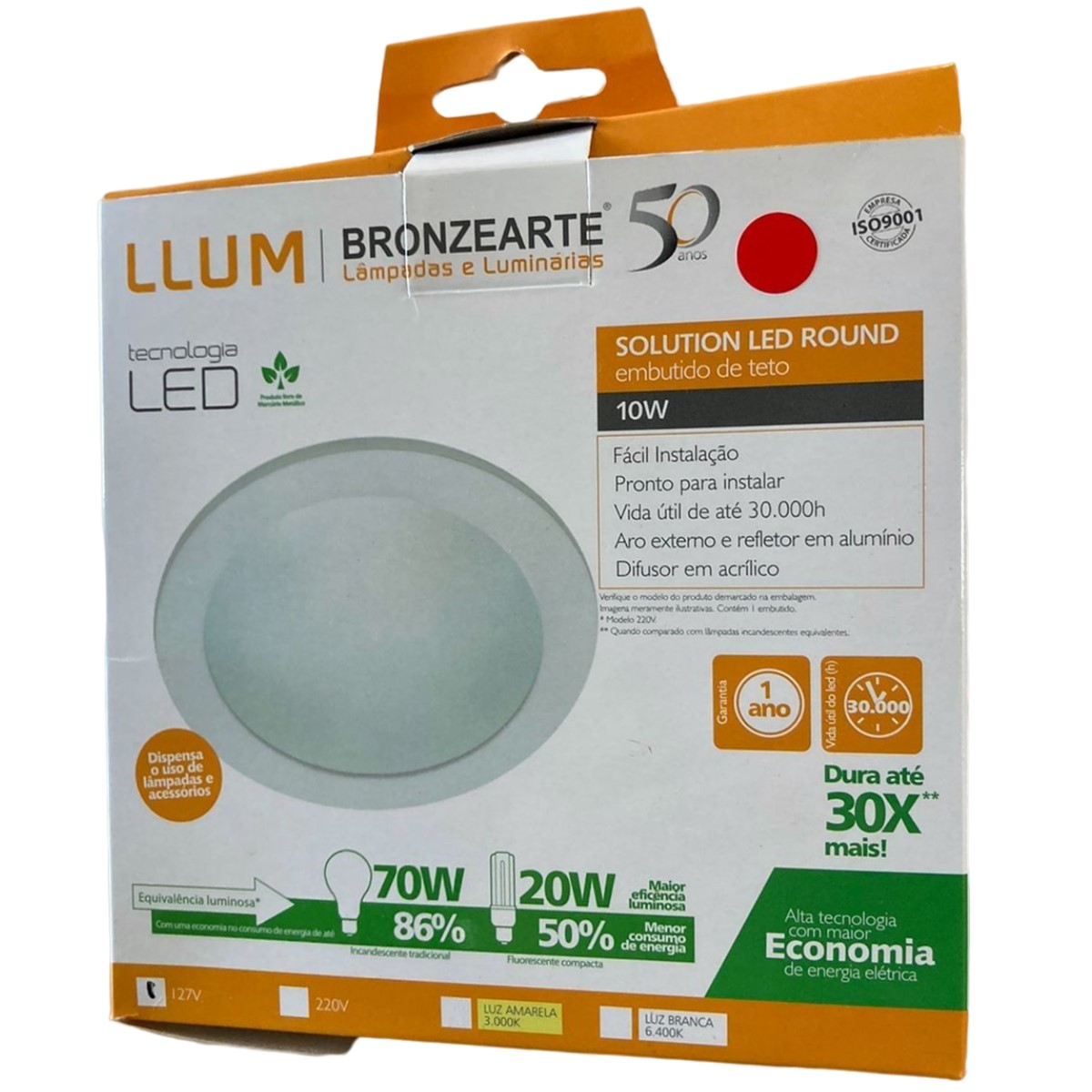 Kit 6 - Luminaria Embutir LED Plafon Redonda - 10W - 3000K - Luz Amarela - 127V