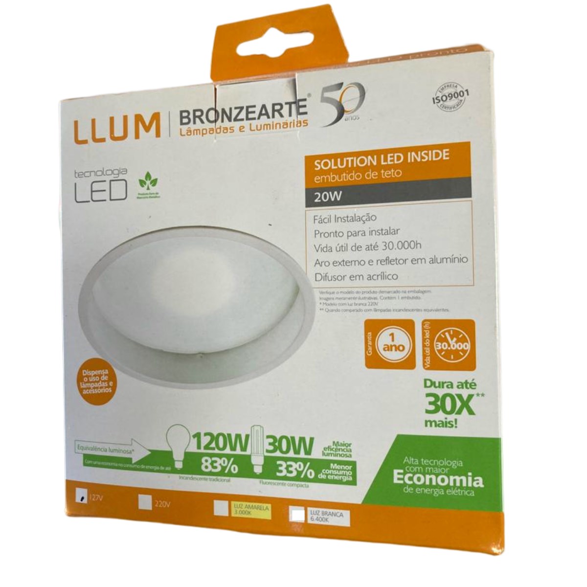 Kit 6 - Luminaria Embutir LED Recuada Redonda - 20W - 3000K - Luz Amarela - 127V