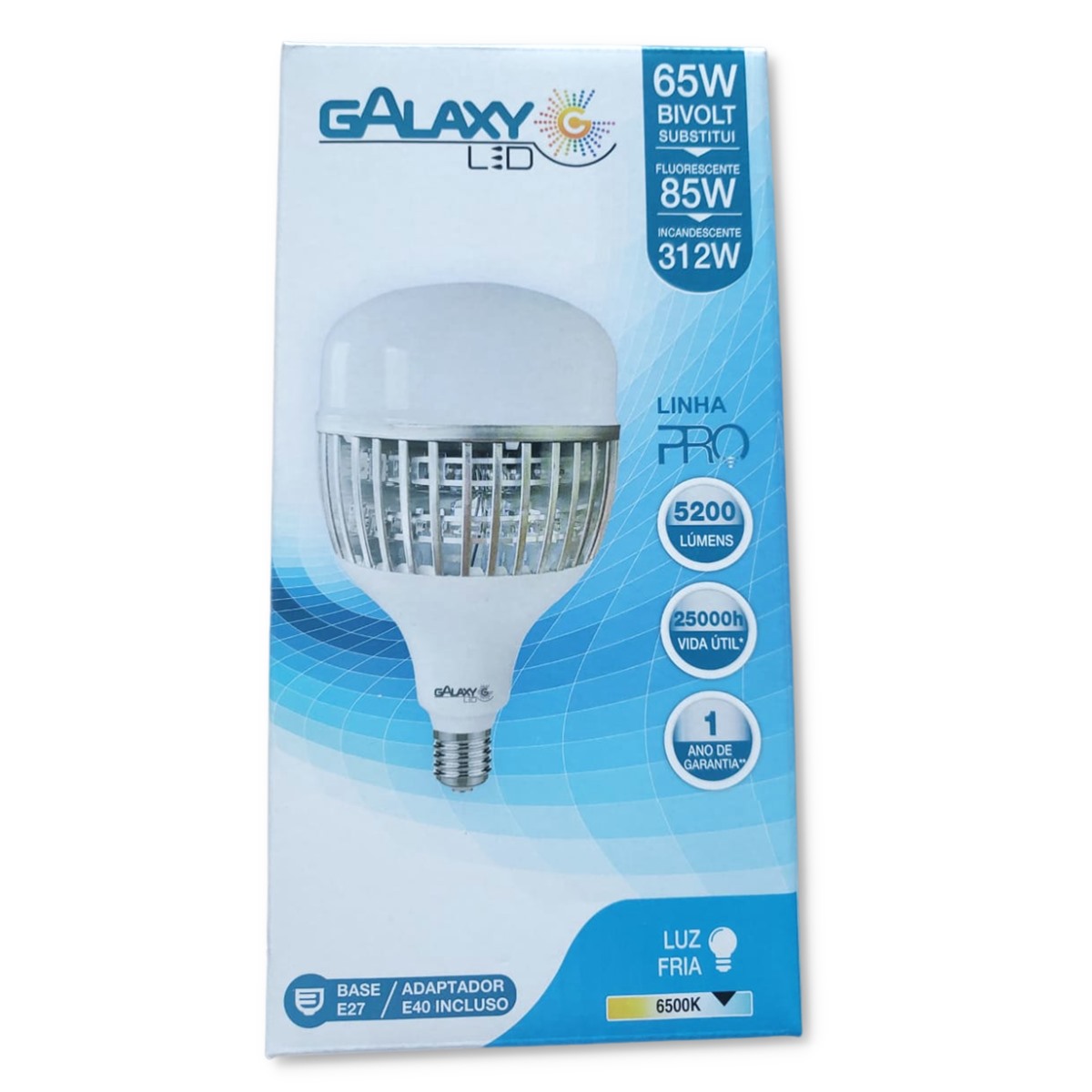 Lâmpada LED Alta Potência Bulbo T - 65W  - Branco Frio - Bivolt - E27 - E40 - Galaxy LED