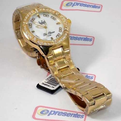 Relógio Feminino Dourado Madrepérola Cristais Dumont SW85017 - E-Presentes