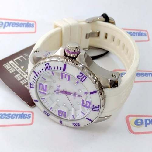 Relógio Feminino Extra Grande E.w.c Branco Lilas 48mm Wr100m  - E-Presentes