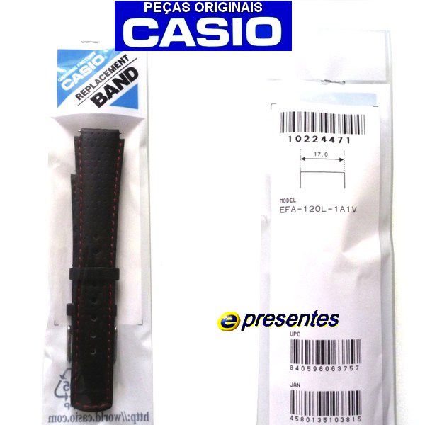 Pulseira Casio Edifice EFA-120L-1A Couro Preto -  100% Original - E-Presentes