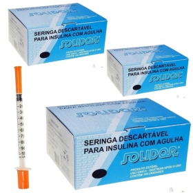 Kit 3un Seringa Insulina 1ml Descartável Agulha 8mmx0,30mm - 100un - Solidor