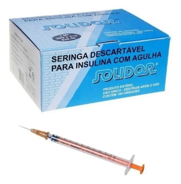 Kit 2un Seringa Insulina 1ml Resíduo Zero Agulha 13mmx0,45mm - 100un - Solidor