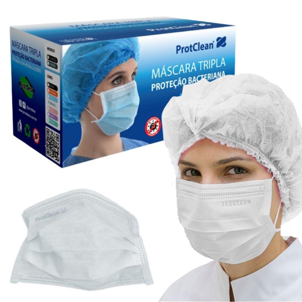 Kit 50un Mascara Tripla Proteção PROTCLEAN + 100un Touca Descartável ProtDesc - BRANCO