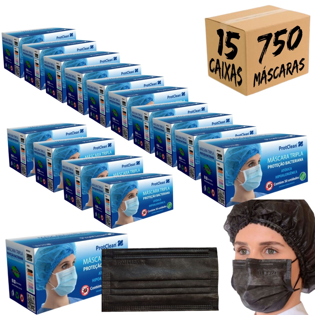 Máscara Tripla Descartável PROT CLEAN - ATACADO - 15 Caixas - 750un - PRETO